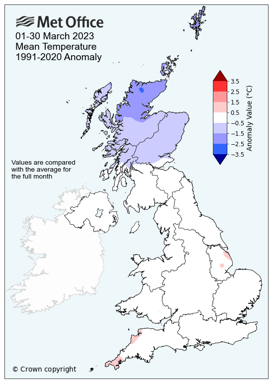 Mean temperature map of the UK for March 2023. The map shows a near-average month, with the north slightly cooler.