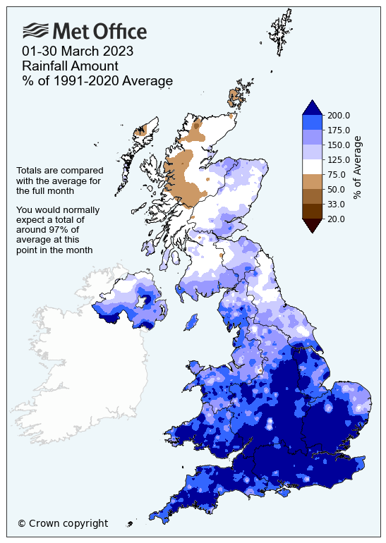 Rainfall map of the UK in March 2023. The map shows a wetter than average month.
