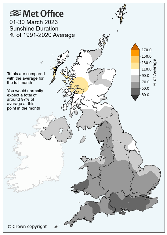 Sunshine map of the UK for March 2023. The map shows a duller than average month.