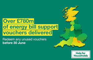 Over £780 million of energy bill support vouchers delivered - redeem any unused vouchers before 30 June