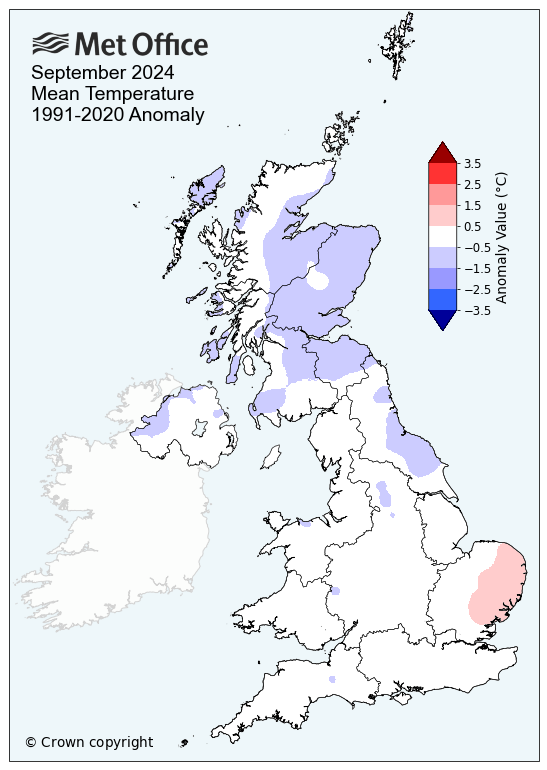 Map showing UK mean temperatures for September 2024. Show it cooler in the north